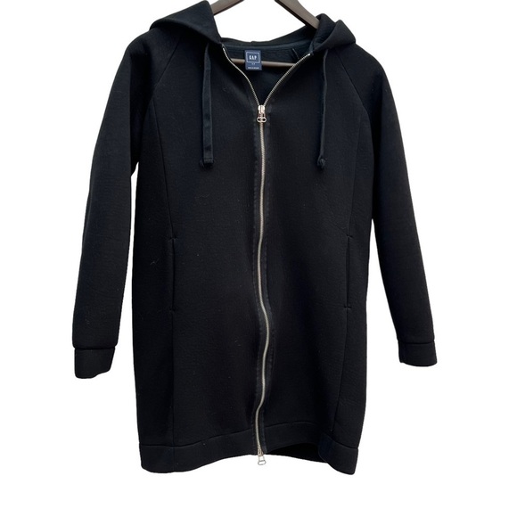 GAP Hooded Black Fleece Zip Front Thigh Length Coat Size S - Picture 4 of 12